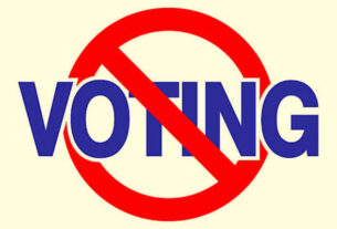 Vector Illustration Of The Word Voting In Blue Type With A Red No Symbol On It.